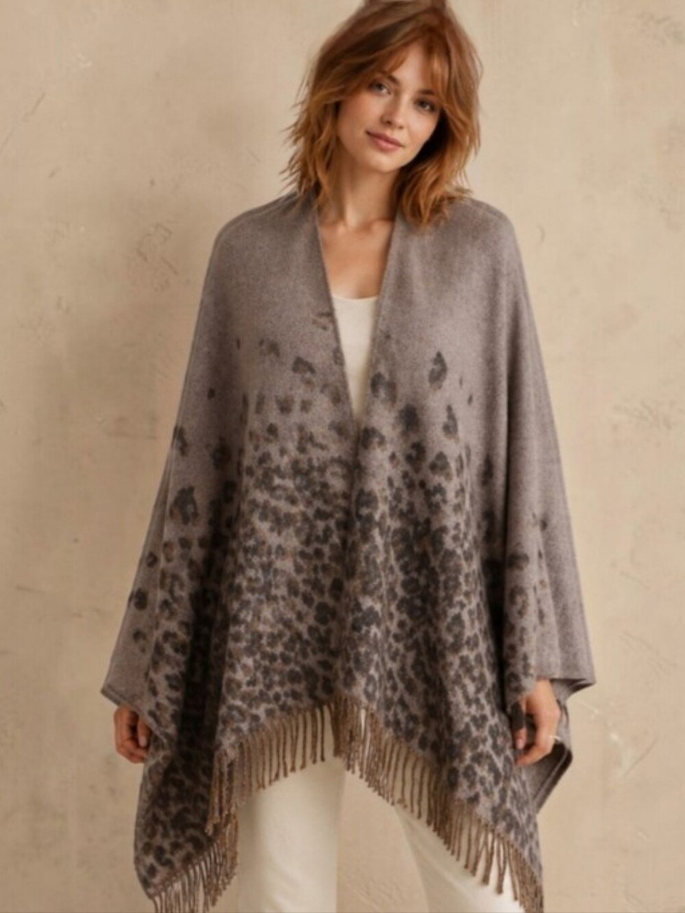 Mixit Cheetah Print Cape/Wrap Brown Black Fringe Wrap Cozy Luxe One Size